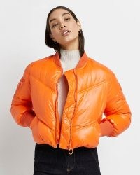RIVER ISLAND ORANGE CROPPED PUFFER COAT / bright crop hem coats / on-trend padded zip front jackets
