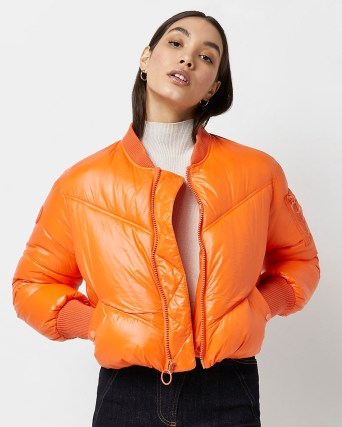 RIVER ISLAND ORANGE CROPPED PUFFER COAT / bright crop hem coats / on-trend padded zip front jackets - flipped