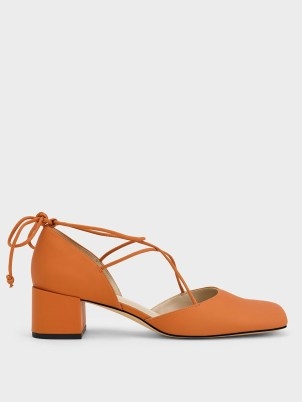 CHARLES & KEITH Lace-Up D’Orsay Pumps / orange strappy square toe block heel shoes - flipped