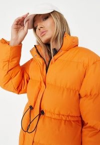 MISSGUIDED orange longline toggle puffer coat ~ women’s bright padded high neck coats