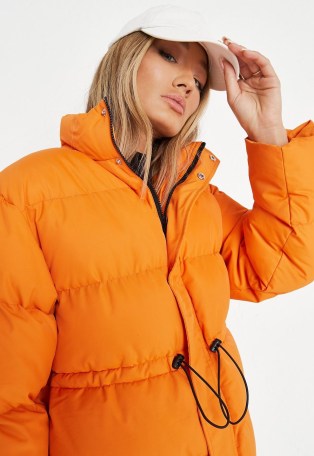 MISSGUIDED orange longline toggle puffer coat ~ women’s bright padded high neck coats - flipped