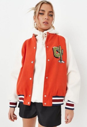 MISSGUIDED orange love the journey varsity jacket – women’s american style slogan printed jackets