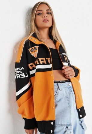 MISSGUIDED orange motocross montana colourblock jacket ~ women’s casual slogan print jackets - flipped