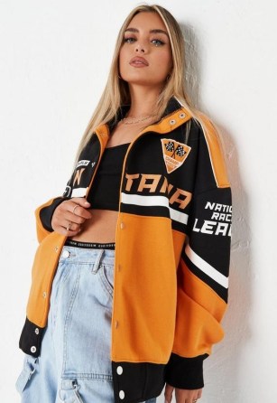 MISSGUIDED orange motocross montana colourblock jacket ~ women’s casual slogan print jackets
