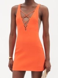 DAVID KOMA Tulle-insert plunge-neck crepe mini dress / orange sleeveless party dresses / glamorous event fashion / evening glamour
