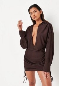 MISSGUIDED petite chocolate crinkle textured drape front mini dress ~ dark brown on-trend deep plunge neck dresses ~ side ruched detail