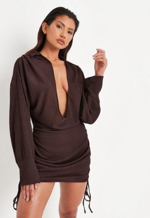 MISSGUIDED petite chocolate crinkle textured drape front mini dress ~ dark brown on-trend deep plunge neck dresses ~ side ruched detail - flipped
