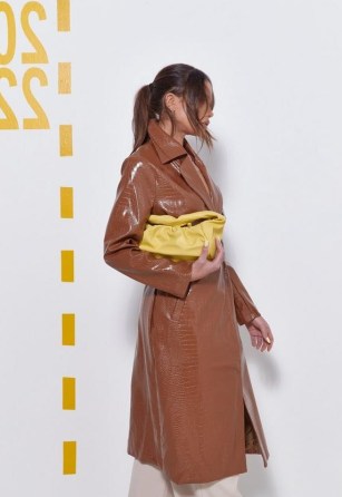 MISSGUIDED petite tan croc faux leather belted trench coat ~ glossy brown petite size crocodile effect coats ~ women’s on-trend outerwear - flipped