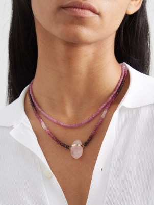 JIA JIA Arizona ruby, rose-quartz & 14kt gold necklace – pink stone necklaces with spiritual properties – luxe boho jewellery – luxury bohemian look – crystal accessory - flipped