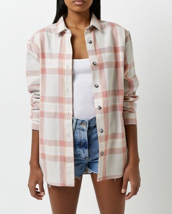RIVER IS;LAND PINK CHECK OVERSIZED SHACKET ~ women’s cotton checked shackets ~ womens casual shirt jackets - flipped