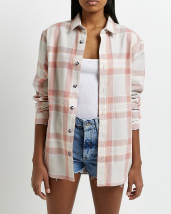 RIVER IS;LAND PINK CHECK OVERSIZED SHACKET ~ women’s cotton checked shackets ~ womens casual shirt jackets