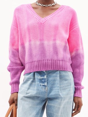 THE ELDER STATESMAN Dip-dyed cashmere sweater ~ women’s pink and purple sweaters ~ womens drop shoulder V-neck jumpers - flipped