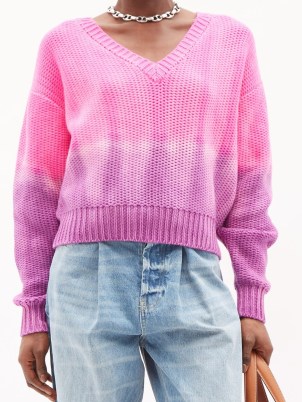 THE ELDER STATESMAN Dip-dyed cashmere sweater ~ women’s pink and purple sweaters ~ womens drop shoulder V-neck jumpers