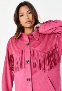 Missguided pink faux suede fringe shacket – womens fringed shackets
