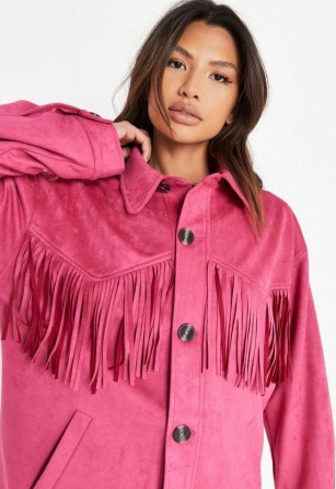 Missguided pink faux suede fringe shacket – womens fringed shackets - flipped