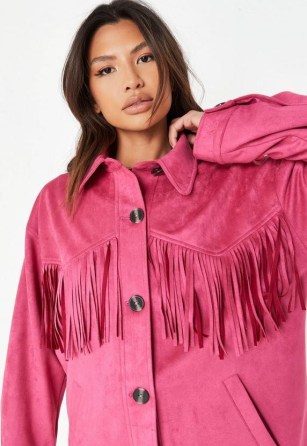 Missguided pink faux suede fringe shacket – womens fringed shackets