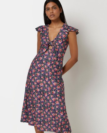 RIVER ISLAND PINK FLORAL KNOT FRONT MIDI DRESS ~ front cut out flutter sleeve dresses - flipped