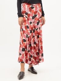 RAEY Godet-pleat falling leaves print silk skirt | pink leaf print front draped skirts | fashion with movement | drapey | floaty hem