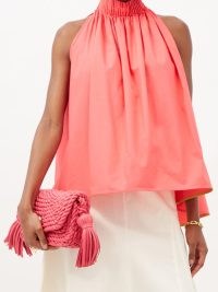 ROKSANDA Jayla pleated-halterneck cotton-poplin top ~ pink sleeveless high halter neck tops ~ evening event fashion