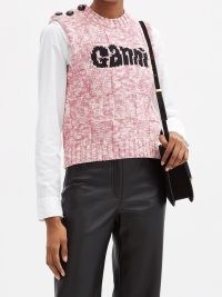 GANNI Logo-intarsia sleeveless sweater – women’s pink and white knitted vests – womens designer tank tops