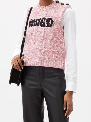 GANNI Logo-intarsia sleeveless sweater – women’s pink and white knitted vests – womens designer tank tops - flipped