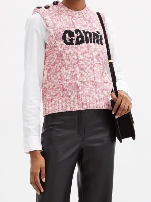 GANNI Logo-intarsia sleeveless sweater – women’s pink and white knitted vests – womens designer tank tops