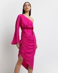 River Island PINK ONE SHOULDER RUCHED MIDI DRESS – asymmetric one sleeve going out evening dresses – on-trend party fashion