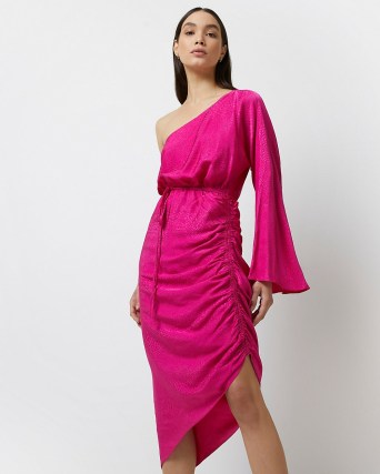 River Island PINK ONE SHOULDER RUCHED MIDI DRESS – asymmetric one sleeve going out evening dresses – on-trend party fashion - flipped