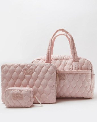 River Island PINK QUILTED WEEKEND BAG AND LAPTOP CASE SET – womens holdall sets – women’s getaway weekender bags - flipped