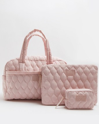 River Island PINK QUILTED WEEKEND BAG AND LAPTOP CASE SET – womens holdall sets – women’s getaway weekender bags