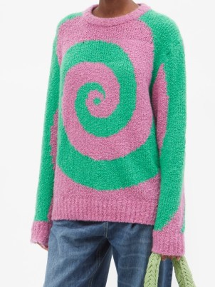 THE ELDER STATESMAN Swirl-jacquard cashmere-bouclé sweater ~ womens pink and green relaxed fit sweaters ~ psychedelic swirls on jumpers - flipped
