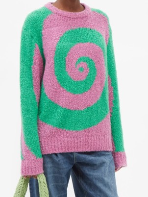 THE ELDER STATESMAN Swirl-jacquard cashmere-bouclé sweater ~ womens pink and green relaxed fit sweaters ~ psychedelic swirls on jumpers