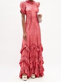 THE VAMPIRE’S WIFE The Sky Rocket pink lamé wool-blend maxi dress ~ shimmering metallic event dresses ~ glamorous evening occasion fashion ~ tiered ruffle hem ~ short sleeved ~ puff sleeves