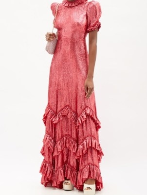 THE VAMPIRE’S WIFE The Sky Rocket pink lamé wool-blend maxi dress ~ shimmering metallic event dresses ~ glamorous evening occasion fashion ~ tiered ruffle hem ~ short sleeved ~ puff sleeves - flipped