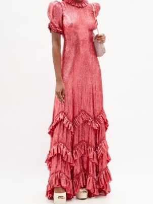 THE VAMPIRE’S WIFE The Sky Rocket pink lamé wool-blend maxi dress ~ shimmering metallic event dresses ~ glamorous evening occasion fashion ~ tiered ruffle hem ~ short sleeved ~ puff sleeves