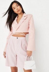 MISSGUIDED pink tie waist cropped blazer ~ crop hem blazers ~ women’s on-trend jackets