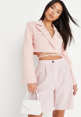 MISSGUIDED pink tie waist cropped blazer ~ crop hem blazers ~ women’s on-trend jackets - flipped