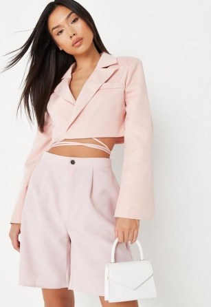 MISSGUIDED pink tie waist cropped blazer ~ crop hem blazers ~ women’s on-trend jackets