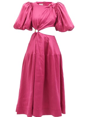 AJE Vanades ring-embellished linen-blend dress ~ raspberry pink puffed sleeved cut out dresses - flipped