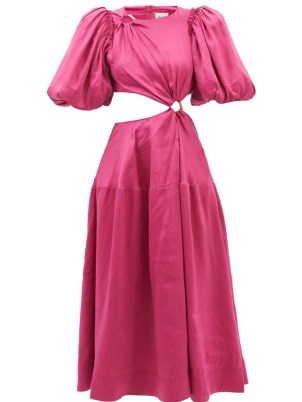 AJE Vanades ring-embellished linen-blend dress ~ raspberry pink puffed sleeved cut out dresses