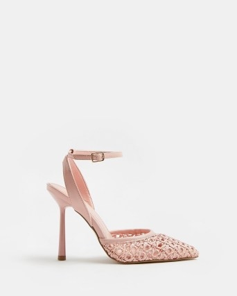 RIVER ISLAND PINK WOVEN COURT SHOES ~ pointed toe ankle strap stiletto heel courts - flipped