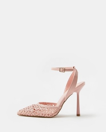 RIVER ISLAND PINK WOVEN COURT SHOES ~ pointed toe ankle strap stiletto heel courts
