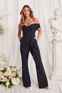 lavish alice pleated bandeau fit and flare jumpsuit in navy – off shoulder jumpsuits