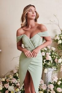 lavish alice pleated bardot midi dress in sage green ~ glamorous off the shoulder dresses ~ evening glamour
