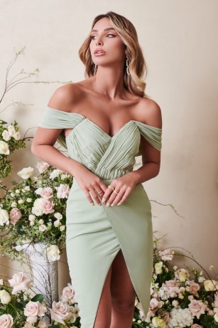 lavish alice pleated bardot midi dress in sage green ~ glamorous off the shoulder dresses ~ evening glamour - flipped