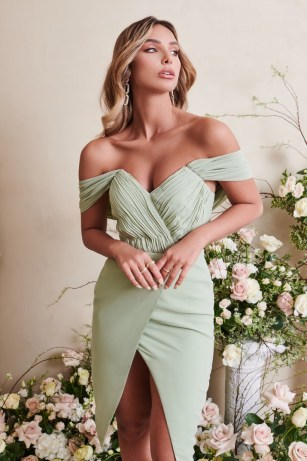 lavish alice pleated bardot midi dress in sage green ~ glamorous off the shoulder dresses ~ evening glamour