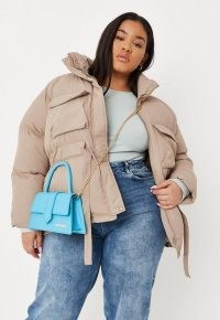MISSGUIDED plus size taupe tie waist puffer coat – women’s casual padded jackets