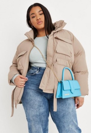 MISSGUIDED plus size taupe tie waist puffer coat – women’s casual padded jackets - flipped
