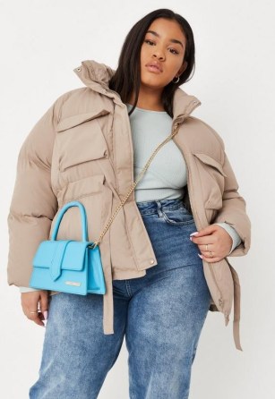 MISSGUIDED plus size taupe tie waist puffer coat – women’s casual padded jackets