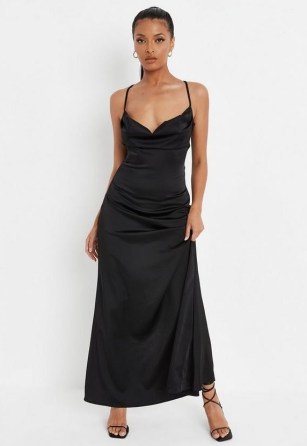 MISSGUIDED premium black satin cross back cowl neck maxi dress – long length going out slip dresses - flipped